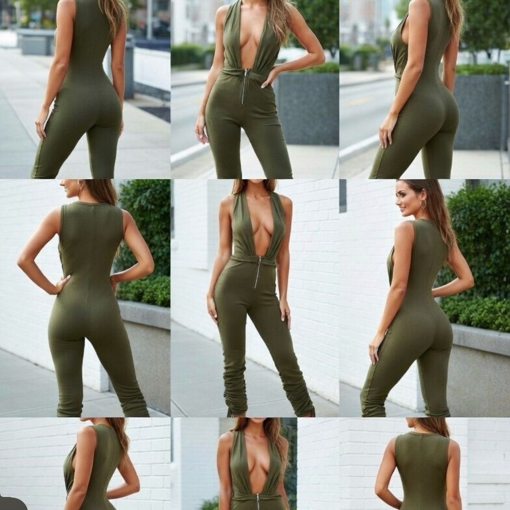 PrettyLittleThing Shape Khaki Towelling Ruched Plunge Jumpsuit size 2